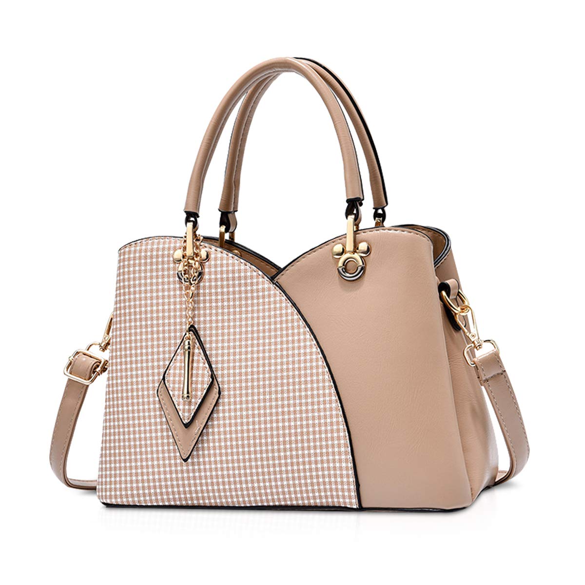 NICOLE & DORIS Casual Fashion Handbag for Women Top Handle Bag Large Capacity Messenger Bag Check Shoulder Bag Crossbody Bag with Pendant Khaki