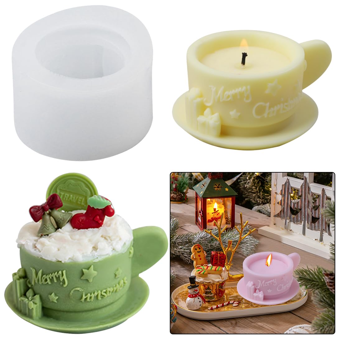 Koonafy Christmas Silicone Candle Mould Xmas Cup Shape Candle Molds Merry Christmas Epoxy Resin Mould for DIY Candlestick Christmas Making Crafts Home Decor