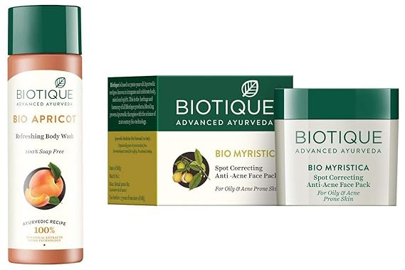 Biotique Bio Apricot Refreshing Body Wash, 190ml & Bio Myristica Spot Correcting Anti Acne Face Pack, 20g Combo