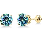Gem Stone King 14K Yellow Gold Millennium Blue Mystic Topaz Stud Earrings for Women | 4.00 Cttw | Gemstone November Birthstone | Round 8MM