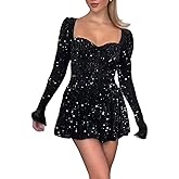 BOLLEY JOSS Women's Sequin Mini A Line Dress Elegant Sparkly Long Sleeves Evening Dress Low Cut Prom Party Homecoming Dresses