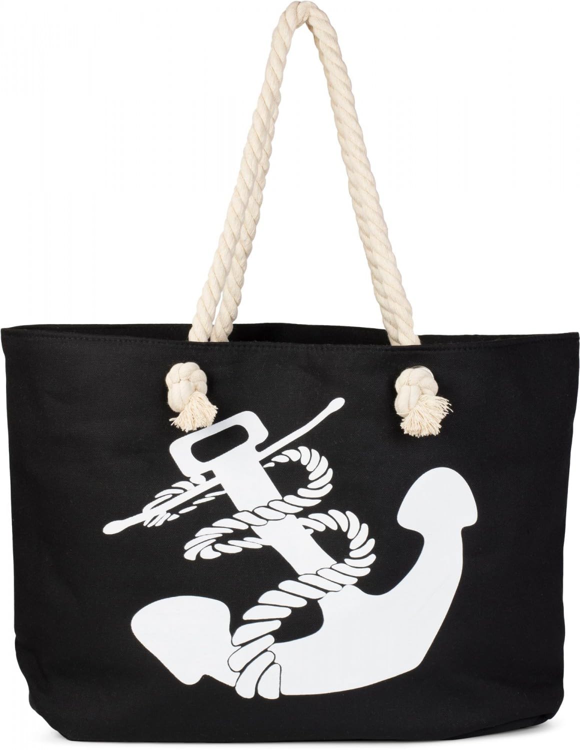 styleBREAKER braided beach bag with anchor print and zipper, shopper, spa bag, women 02012077, color:Black-White