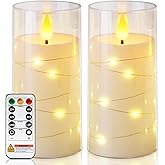 Homemory Flameless Candles with Embedded Star String Fairy Lights, Battery Operated Candles, LED Candle, Fake Candles with Remote Control and Timer, White, Set of 2(H 6" 6")
