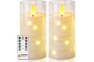 Homemory Flameless Candles with Embedded Star String Fairy Lights, Battery Operated Candles, LED Candle, Fake Candles with Remote Control and Timer, White, Set of 2(H 6" 6")