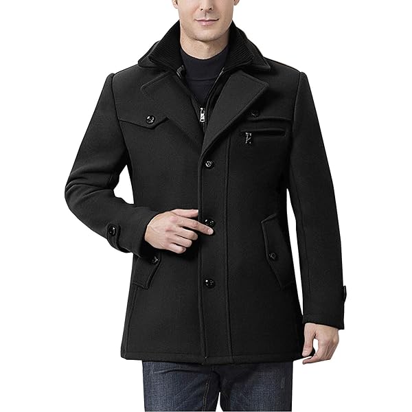 Mens Classic Pea Coat Notched Collar Double Breasted Slim Fit