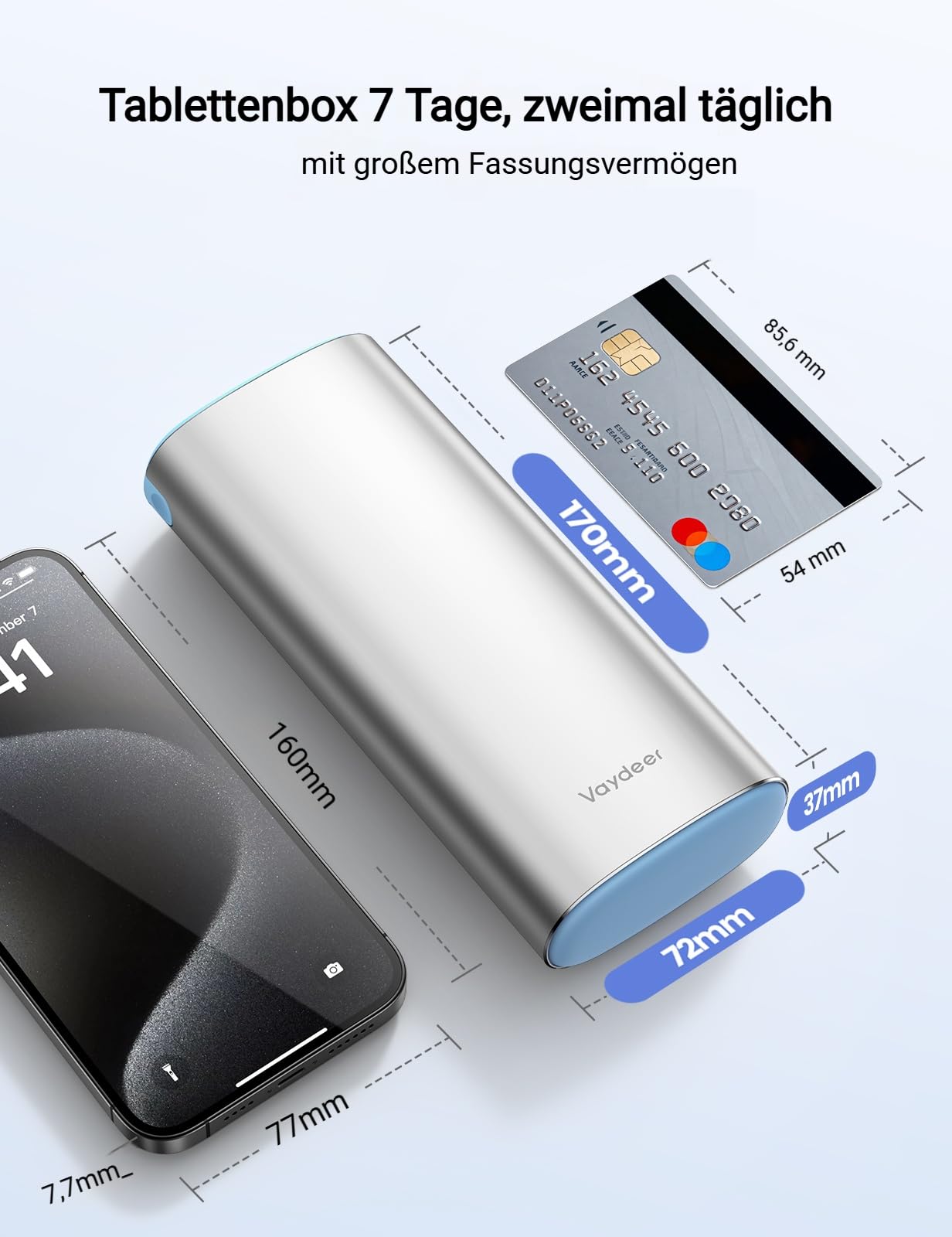 VAYDEER Tablettenbox 7 Tage [LFGB-zertifiziert] [Trockensicher] [Lichtgeschützt] [Aluminium] Reise-Pillendose Tabletten-Organizer für 2× täglich Medikamentenbox, morgens & abends Silber 8