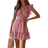 Women Floral Mini Dress Sexy V Neck Ruffle Flutter Sleeve Polka Dot Summer Dresses