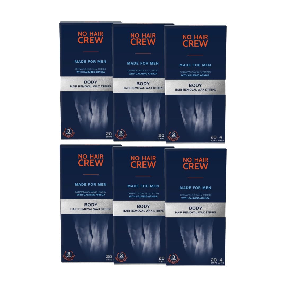 NO HAIR CREW 6 x 20 High Performance Body Wax Strips for Men - (6 x 20 Strips, 4 Cleansing Wipes)