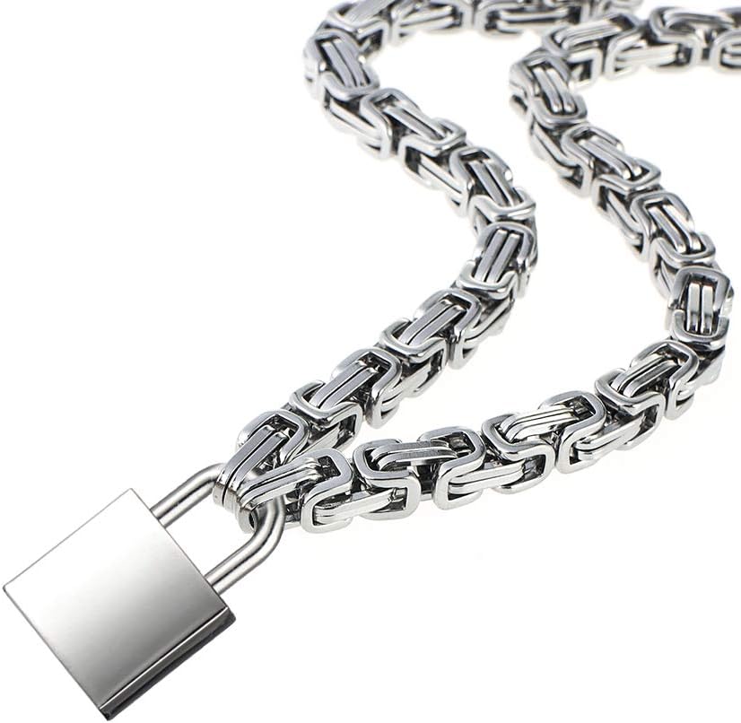 LEWECEEOHeart Padlock Collar Stainless Steel Lock Necklace Byzantine Chain Necklace Locking Collar Choker for Men Women Jewelry