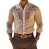 Mens Western Cowboy Shirts Slim Fit Vintage Floral Printed Shirts Casual Button Down Long Sleeve Shirts