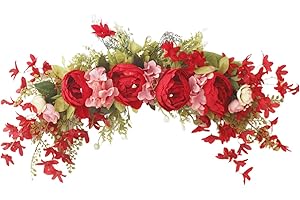 DEDEMCO 29.5 Inch Peony Hydrangea Flower Swag,Wedding Arch Flowers Hydrangea Peony Arch Wreath,Decorative Green Leaf Flower Swag for Table Party Decor,Red