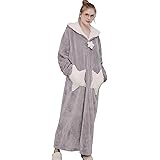 Womens Warm Loungewear Hooded Bathrobe Plush Fleece Long Robes with Zipper Front