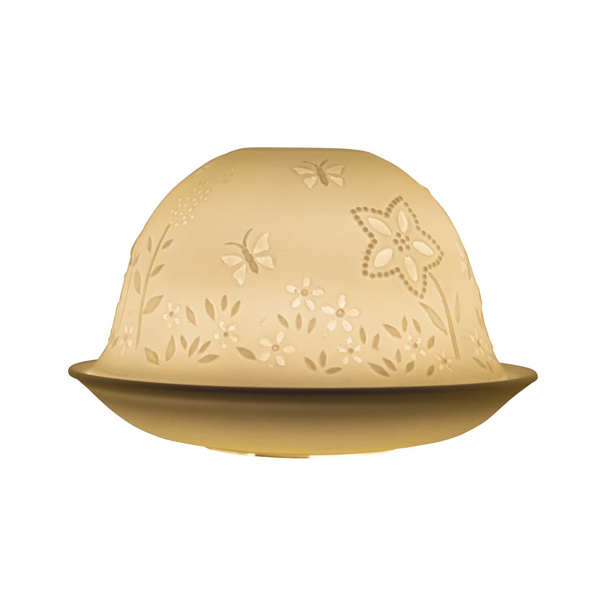 Nordic Light Tealight Candle Holder | White Patterned Bees and Flower - Set of Shade & Plates | Home Decore Accessories for Living, Dinning Room Table | Porcelain-One Size