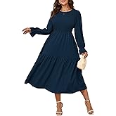 SHESTARR Women's Plus Size Dress Long Sleeve Crewneck Smocked Tiered Flowy Boho Wedding Party Maxi Dresses