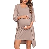 SWOMOG Women Maternity Nursing Gown and 3/4 Sleeve Robe Set Labor Delivery Nightgown Breastfeeding Hospital Bathrobe