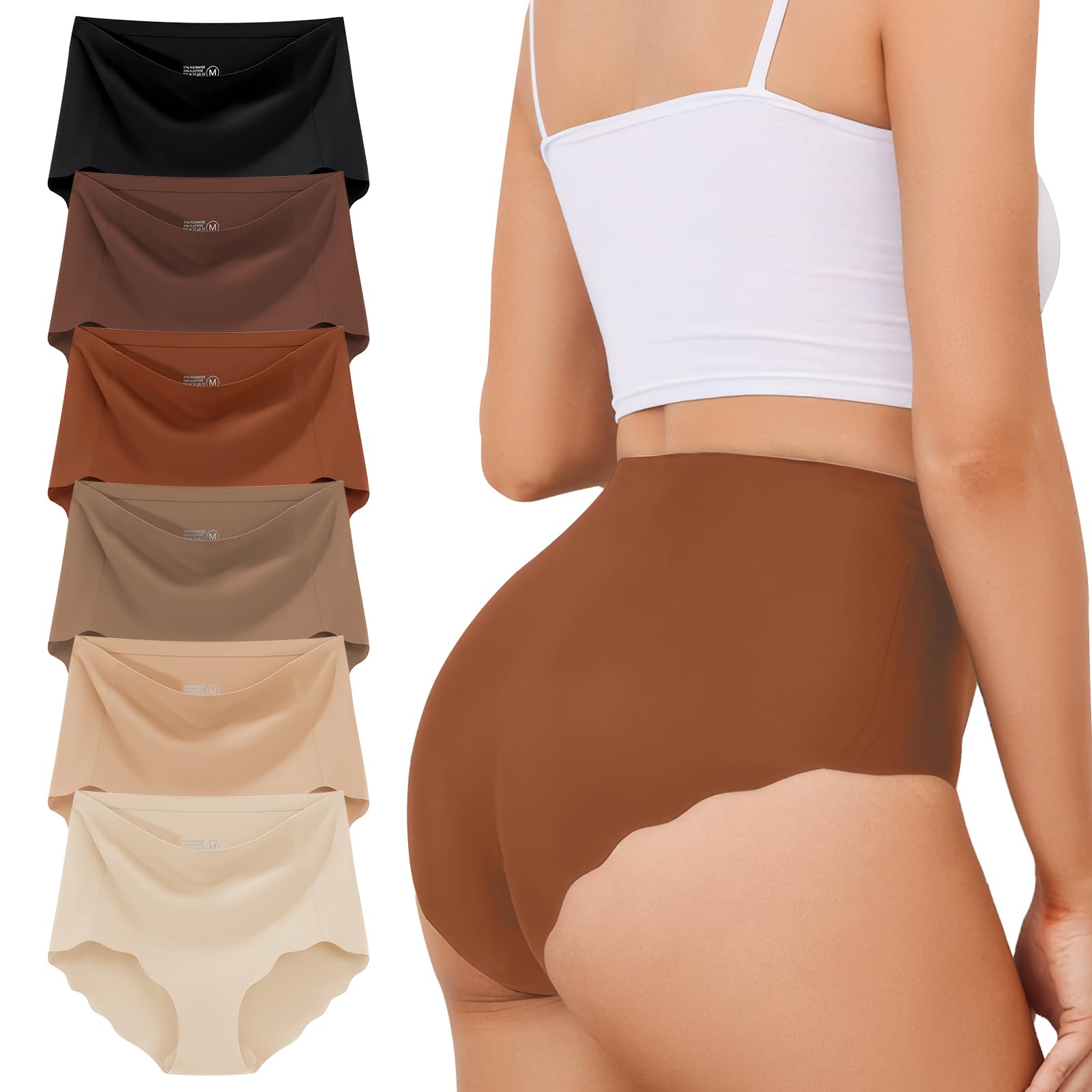 TDONE Seamless Underwear for Women, Mid High Waisted Tummy Control Ladies Briefs Full Coverage No Show Bikini Panties 6 pack