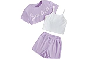 OYOANGLE Girl's 3 Pieces Summer Outfits Graphic Print Crop Tee Top and Cami Top with Shorts Set