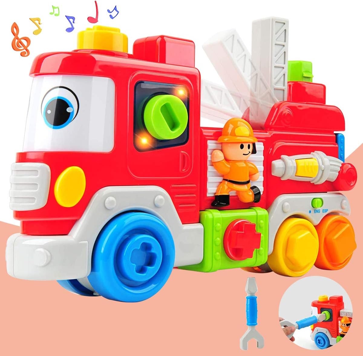 GizmoVine Toy Cars for Boys 3 Year Old, Friction Fire Truck with Lights and Sounds, Early Education Car Toy Inertial Vehicles for Kids & Toddlers