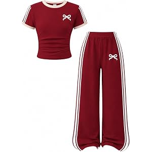 KIDLAGA Tween Girls Summer 2 Piece Outfit Bow Pattern Stripe T-Shirt & Loose Casual Pants Summer Fall Outfits Girls 7-14Y