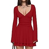 Misng Women's Sexy V Neck Ruffle Hem Mini Dress Long Sleeve Ruched Waist Short Party Dress