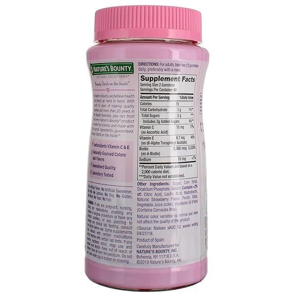 NATURE’S BOUNTY OPTIMAL SOLUTIONS HAIR, SKIN & NAILS VITAMIN GUMMIES WITH BIOTIN, 2500 MCG, STRAWBERRY, 80 COUNT, 40 TOTAL SERVINGS