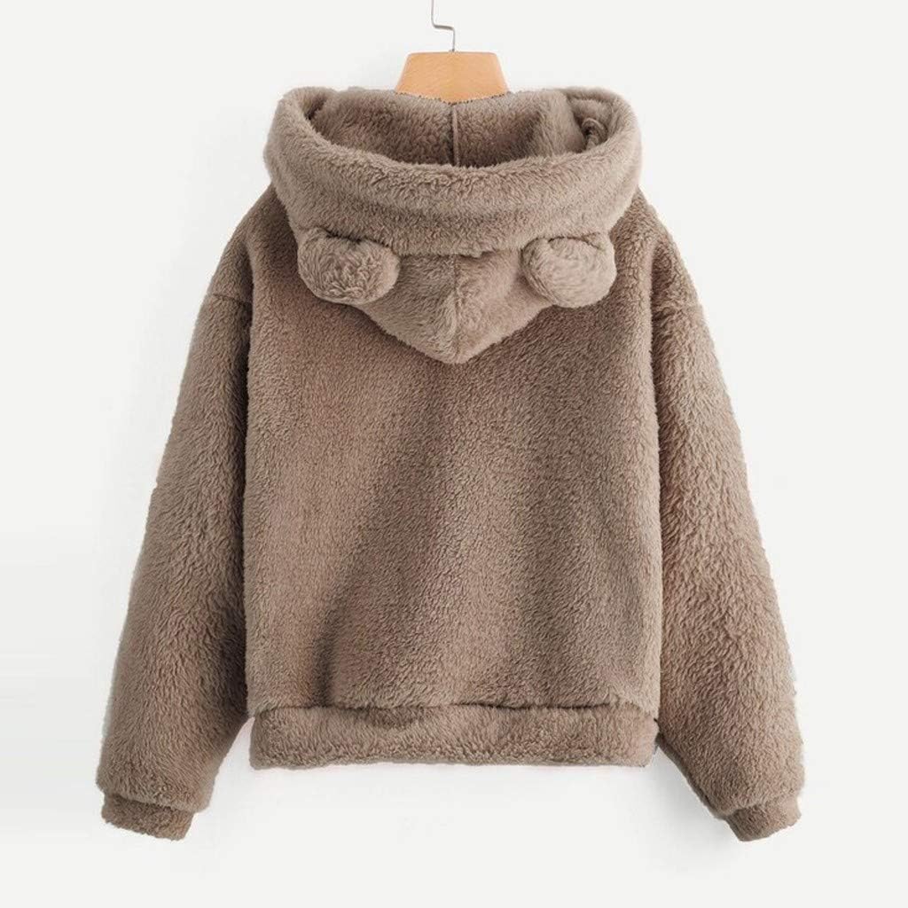 Sunmoot Teddy Bear Hoodie Coat for Womens Long Sleeve Fleece Sweatshirt Warm Bear Shape Fuzzy Hoodie Sweater Pullover: Clothing
