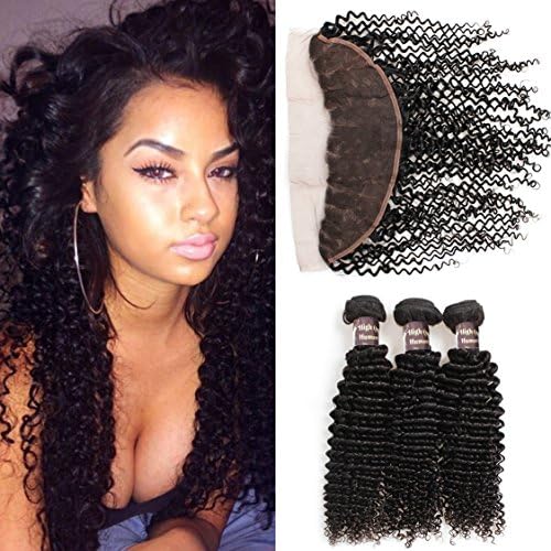 Ali Funmi Curly Hair Bundles with Frontal (24 26 28+20) Unprocessed Brazilian Virgin Kinkys Curly Hair Extensions with 13X4 Ear to Ear Lace Frontal Closure Natural Color
