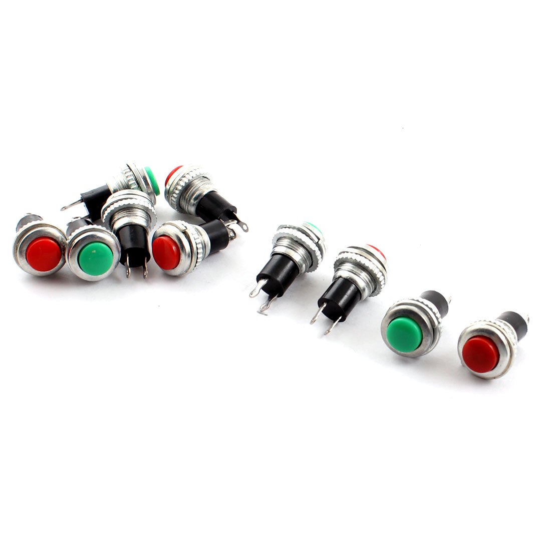 Sourcingmap Red Green Button 2 Pin 10mm Male Thread Panel Mounting SPST Momentary Metal Pushbutton Switch AC125V 3A AC250V 6A 10pcs