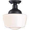 Westinghouse 6578300 Scholar 9 inch Vintage One-Light Semi-Flush Mount Outdoor Ceiling Light Fixture Textured Black Finish, White Opal Glass