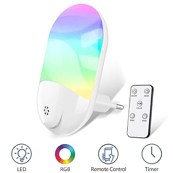 LED Nachtlicht Steckdose Kinder, RGB Nachtlicht Baby mit Fernbedienung, Zeitgesteuert,8 Farben einstellbar und warmweiß umsch