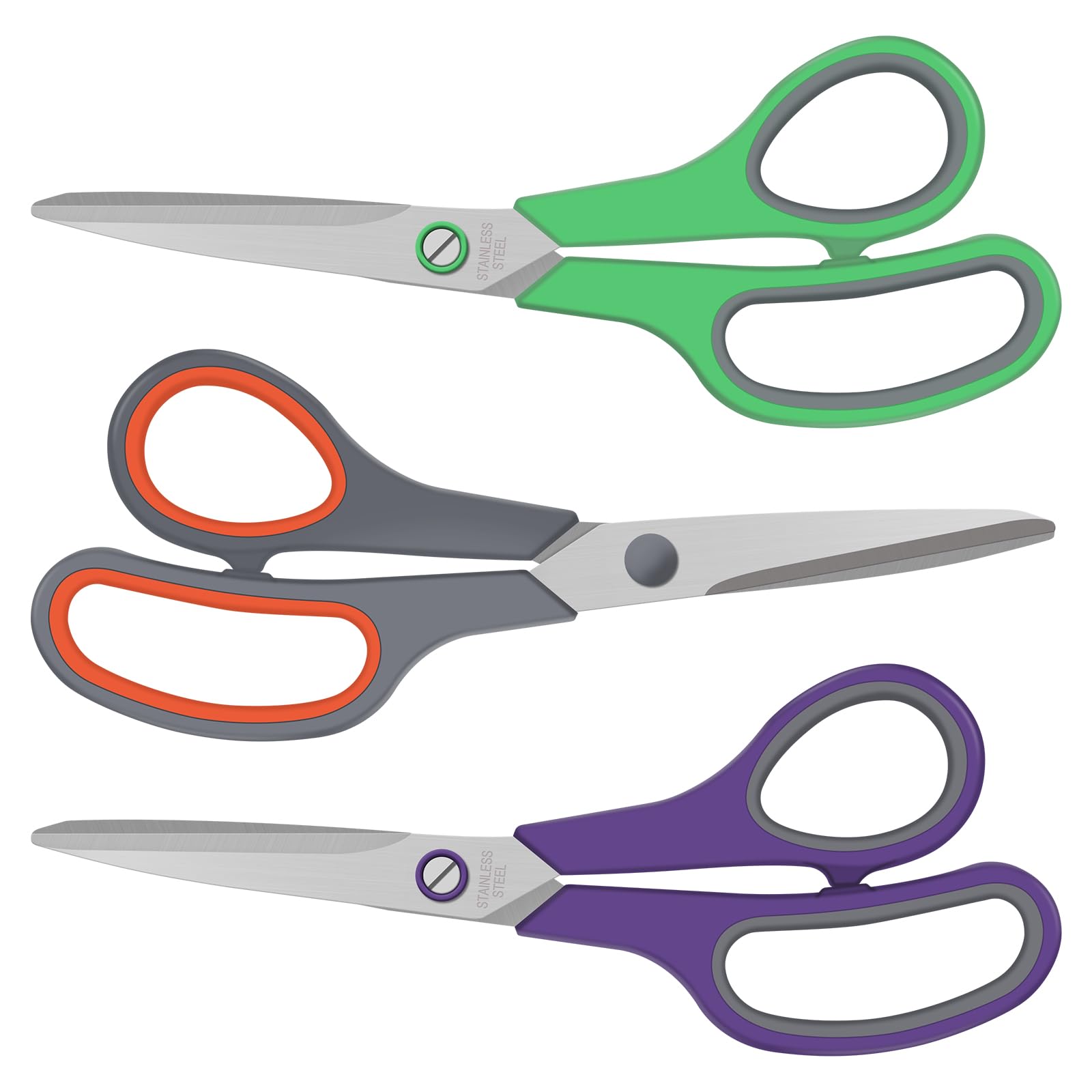 Photo 1 of 3 Pack All Purpose Scissors, 8.3" Stainless Steel Scissor With Ergonomic Soft-Grip Handles, Sharp Scissors Set for Office, School, Kitchen, Crafts, Sewing, Right/Left Hand(Green+Orange+Purple)
