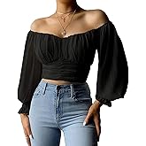 MIRACMODA Womens Elegant Off The Shoulder Puff Sleeve Blouse Summer Chiffon Slim Fit Party Crop Top