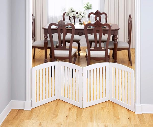 PAWLAND WOODEN FREESTANDING FOLDABLE PET GATE FOR DOGS, 24 INCH 4 PANELS STEP OVER FENCE, DOG GATE FOR THE HOUSE, DOORWAY, STAIRS, EXTRA WIDE (WHITE, 24″ HEIGHT-4 PANELS)