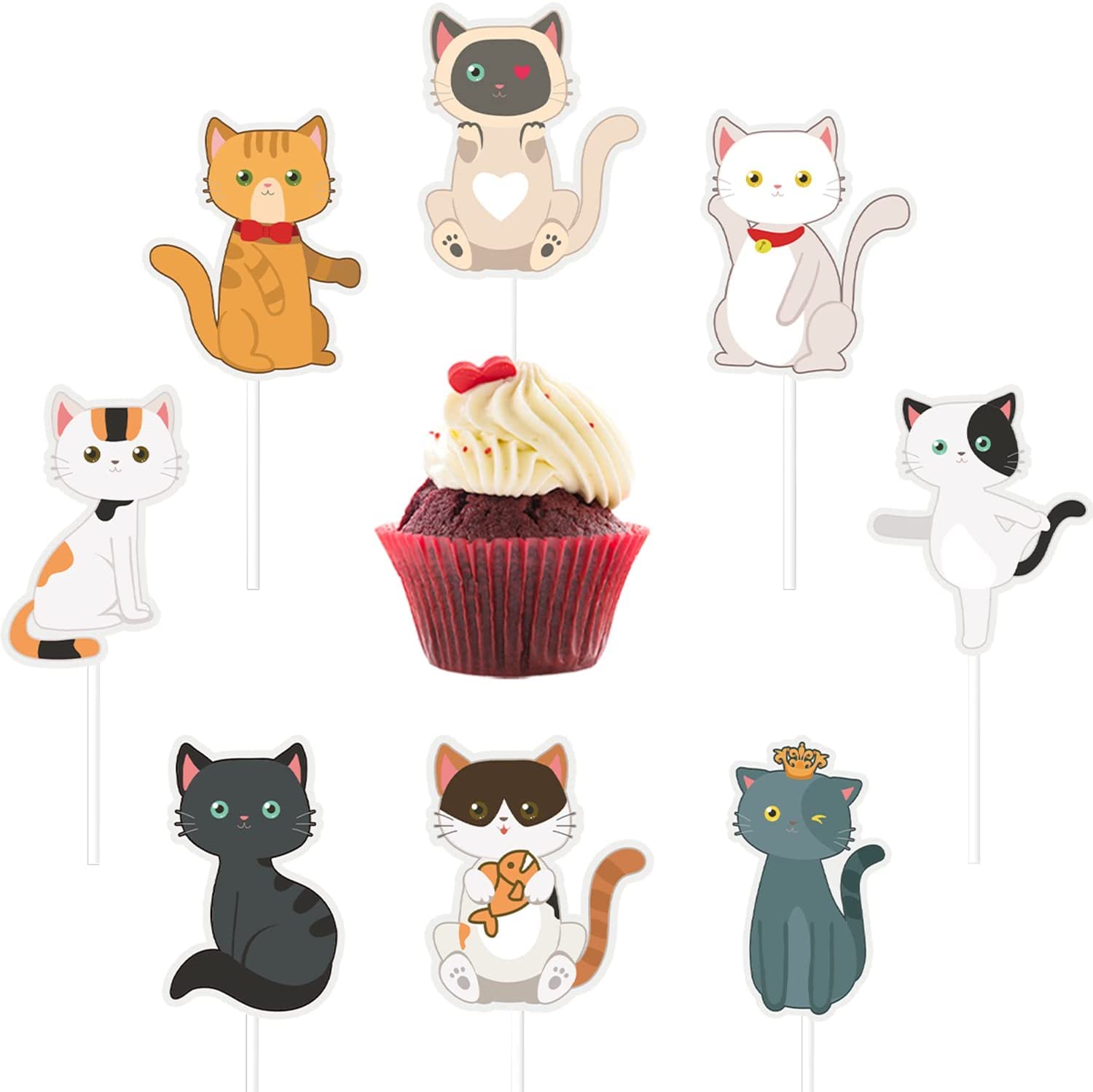Topoloar Pack of 32 Cute Cat Cake Toppers, 24 Pieces (8 Designs), Multicolored, Kitten Cupcake Toppers for Birthday, Anniversary Parties