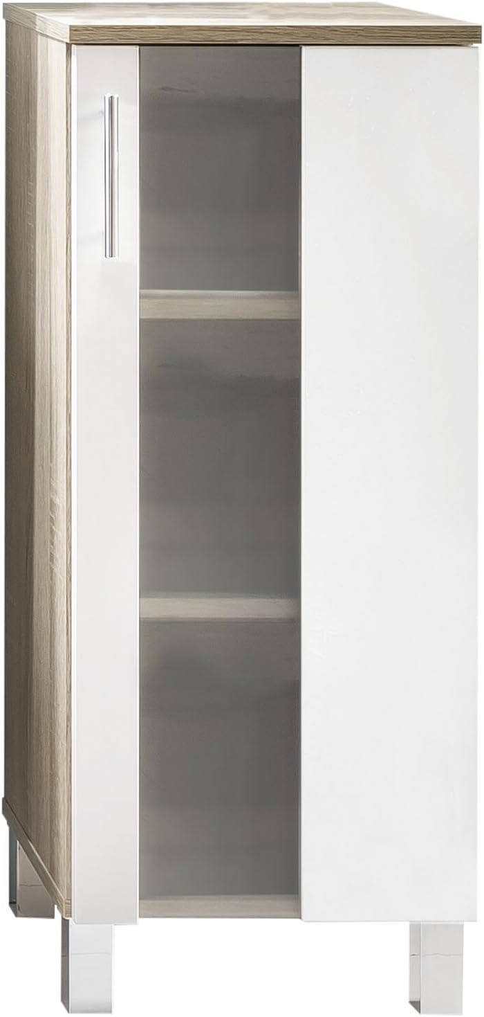 Furnline Bathroom Dresser Cabinet With Plenty Of Storage Space, Porto, White Oak Saw-Cut Pale Frosted Glass, 33 x 80 x 31 cm