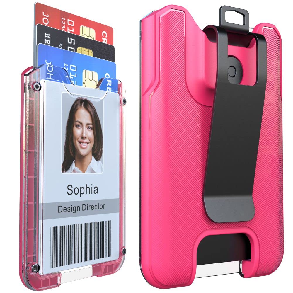 LIUGX Badge Holder/Card Holder/Portable Wallet with Metal Clip - Durable Polycarbonate ID/Credit Card Holder (Holds 1to 4 Cards) for Office, Laborer, Police, Work, Hot Pink