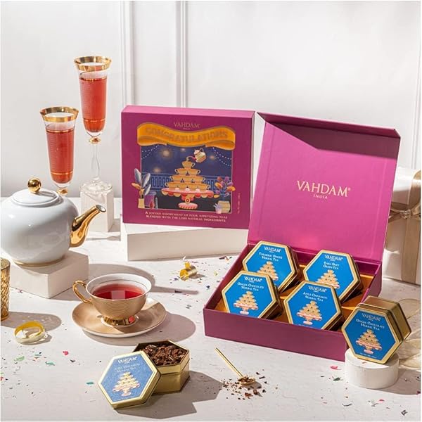 VAHDAM, CONGRATULATIONS ASSORTED TEA GIFT SETS FOR TEA LOVERS (7.05OZ/100+ CUPS) 4 LOOSE LEAF TEA – GREEN TEA, HERBAL TEA | GLUTEN FREE, NON GMO | GIFTS FOR WOMEN, GIFTS FOR MEN, GIFTS FOR HIM/HER