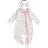 BULINGNA Newborn Baby Girl Coming Home Outfit Bow Print Jumpsuit Ruffle Zipper Footed One-Piece Romper Clothes with Headband