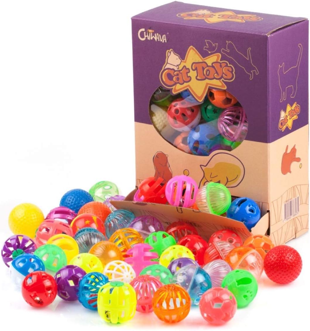 Chiwava 48 Pack Plastic Noisy Cat Toy Balls with Bell Kitten Chase Toy 8 Types Assorted Color Size : Pet Supplies