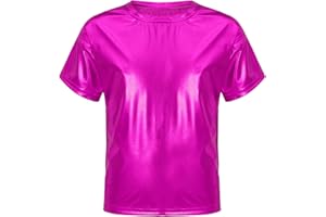 Kaerm Kids Boys Girls Shiny Metallic Hip Hop Dance T-Shirt Short Sleeve Round Neck Modern Jazz Party Performance Tops