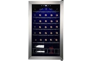 SMETA Wine Fridge 34 Bottle, 19 Inch Wine Cooler Refrigerator Freestanding/Under Counter, Wine Caller for Home and Bar with Upgrade Compressor Low Noise 41°F to 64°F, Black and Stainless Steel