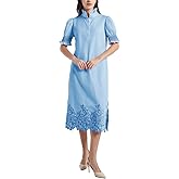 Womens Casual Shirt Dress Button Down Short Sleeve Midi Dress Flower Embroidery Slit Spring Summer Fall Fashion Dresses