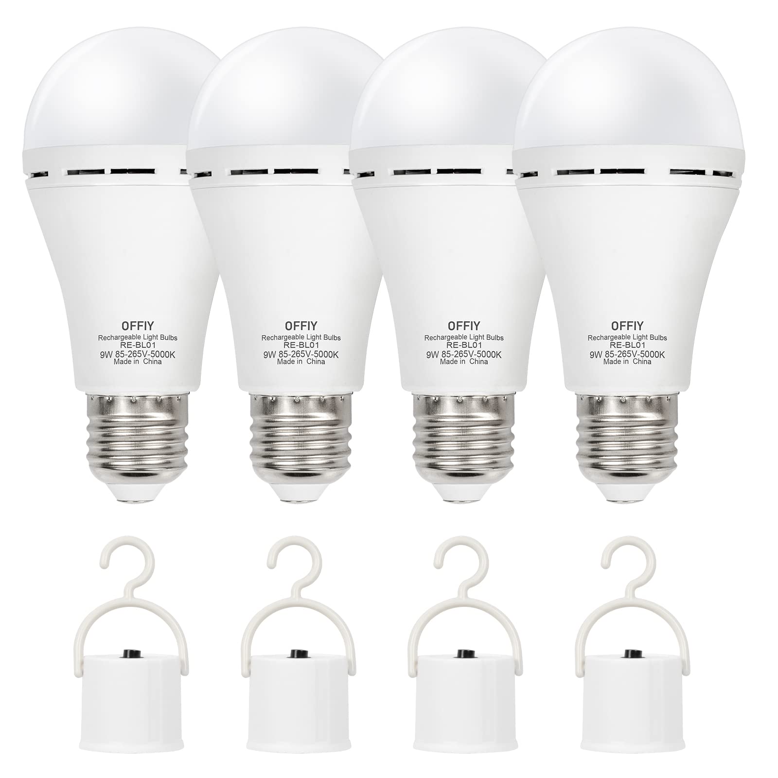 Photo 1 of ***missing two bulbs***OFFLIY Emergency Light Bulbs, 1800mAh High-Capacity Battery for Longer Emergency Time, 9W,750LM,5000K Rechargeable Light Bulbs for Power Outage, A19 E26 Led Light Bulbs, 4PK,with 4 Hooks