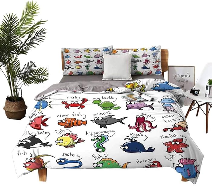 DRAGON VINES All Season Bed Sheets Nautical Decor for Kids Deep Pocket Queen Sheets Aquarium Cartoon Octopus Dolphin Shark Whale Clown Fish Jellyfish Crab Marine W78 xL78