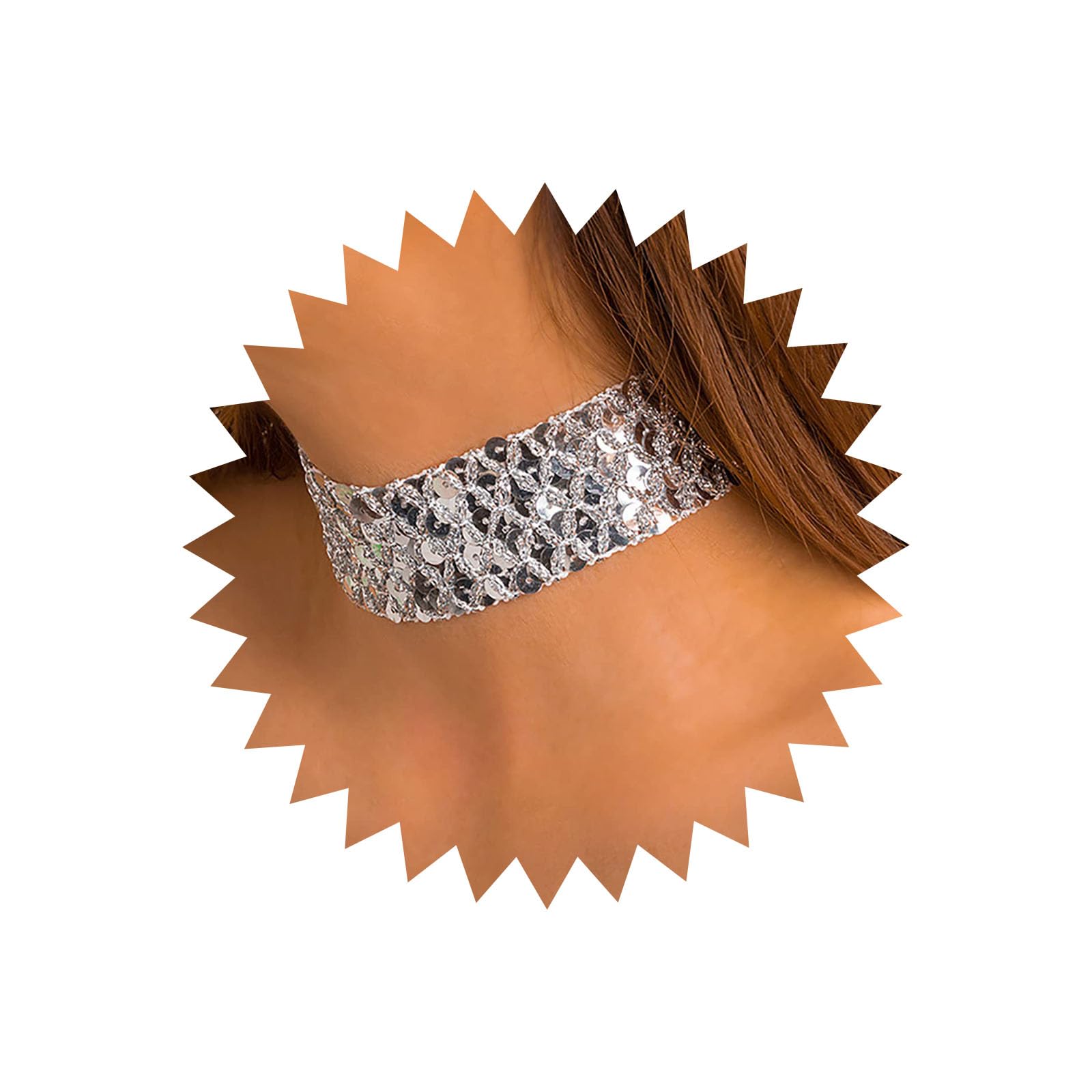 TseenYi Punk Fish Scales Sequin Choker Necklace Silver Mesh Sequin Choker Jewelry for Women and Girls Christmas Festival Gift Carnival Ball Party (Silver)