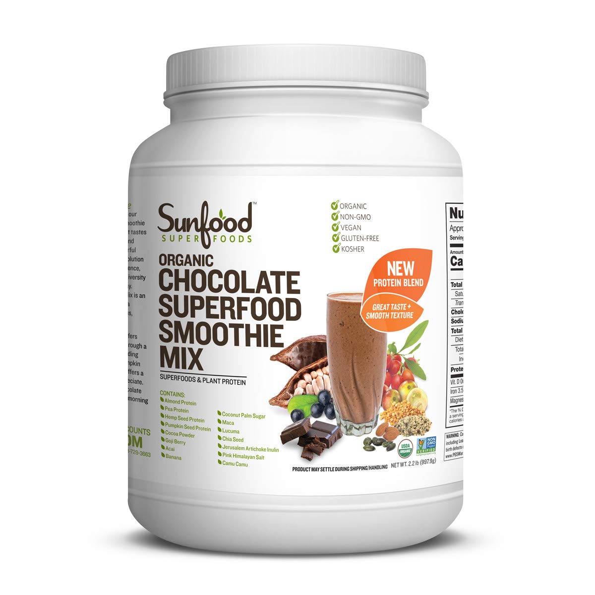 Sunfood Superfood Organic Chocolate Superfood Smoothie Mix. Plant-Based Protein, 13 Powerful Superfoods & Adaptogen Blend- No Fillers/Additives/Preservatives. Gluten Free, Non-GMO, Vegan. 2.2 lb Tub