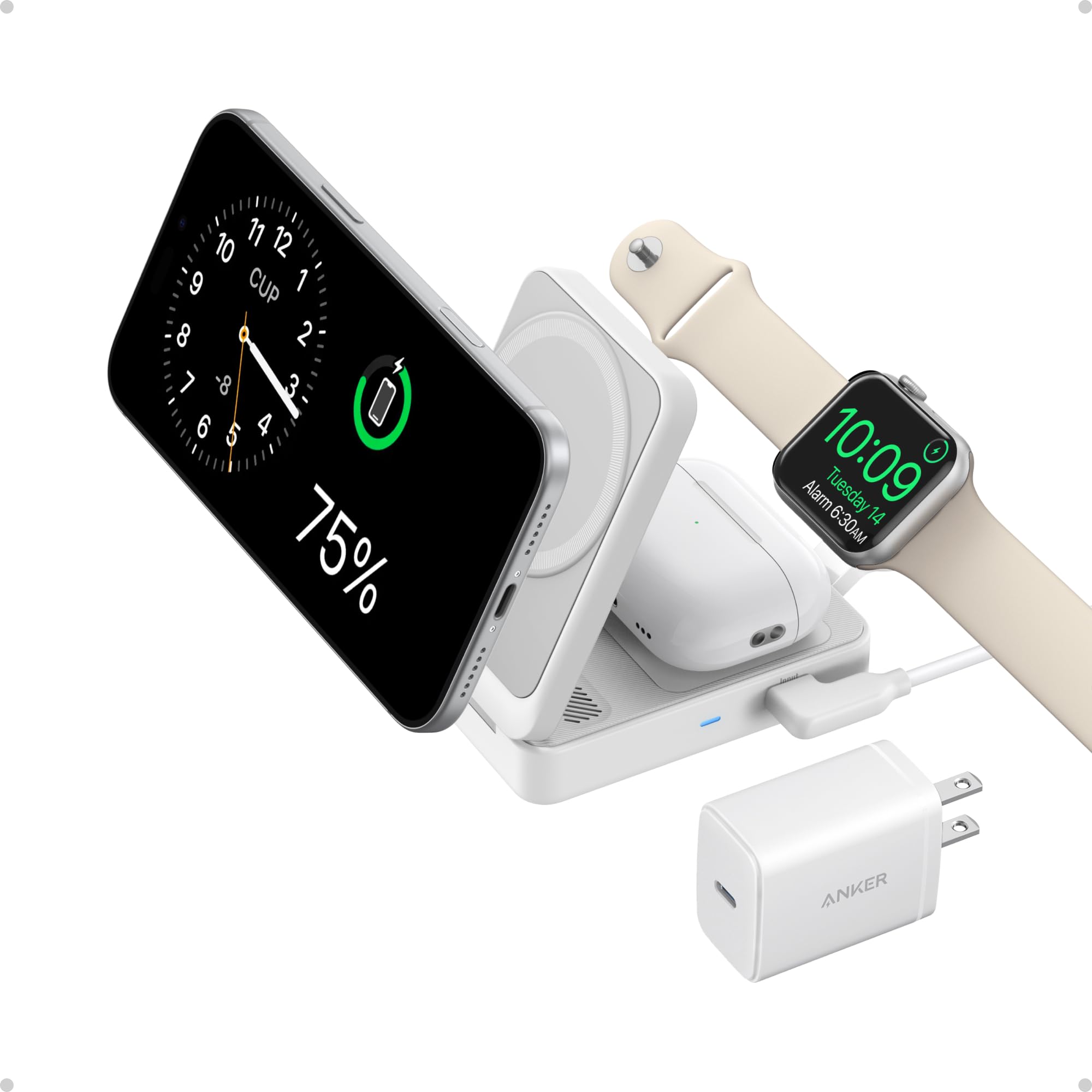 Anker MagGo 3 en 1 Estación de carga para iPhone 17, soporte de cargador inalámbrico compatible con MagSafe, cargador plegable de 15 W con certificación Qi2 para iPhone 17/16/15/14/13/12, AirPods, Apple Watch Ultra (adaptador incluido)