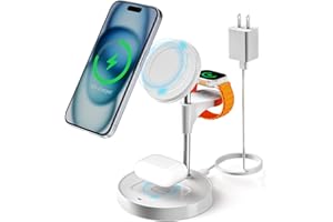 KPON for Magsafe Wireless Charging Station, 15W Fast Magnetic 3 in 1 Wireless Charger Stand, Multiple Devices Dock for iPhone 15 14 13 12 /Apple Watch/AirPods (with PD 20W Adapter) (White)