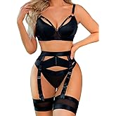 Garter Lingerie for Women,Sexy Lace Lingerie,Sheer Matching 4 Piece Lingerie Set