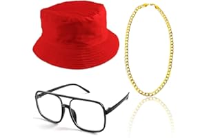 Beelittle 80s/90s Hip Hop Costume Kit Cool Rapper Outfits,Bucket Hat Sunglasses Gold Plated Chain